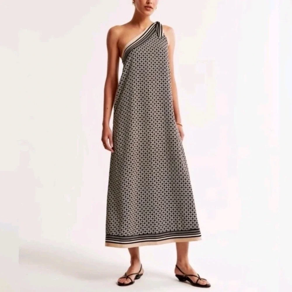 Abercrombie Fitch Geometric One Shoulder Maxi Dress Tie Detail Lined Size XSP